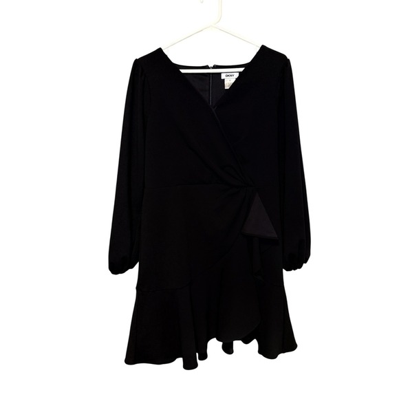 DKNY Black Ruffle Wrap Dress Long Sleeve Party Cocktail Women's - Picture 1 of 4